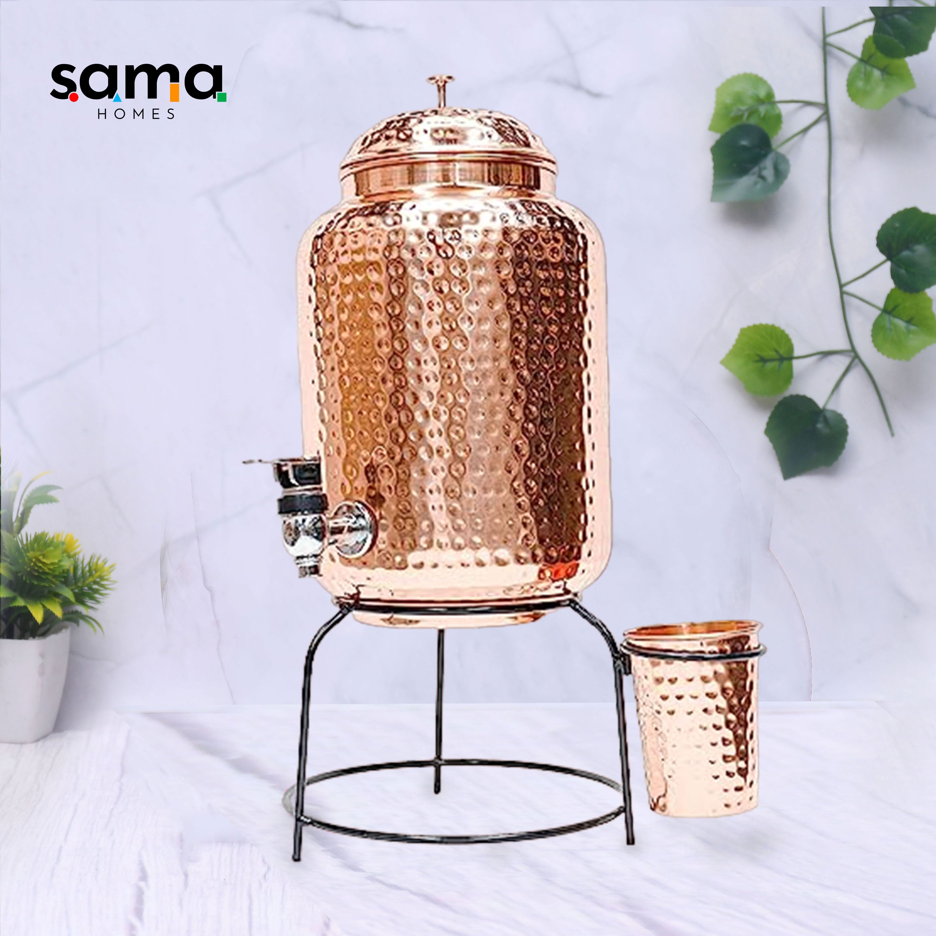 Pure Copper Hammered Water Dispenser (Matka) Combo – 5 Liters, with Stand & Glass, Ayurvedic Tamra Jal-0
