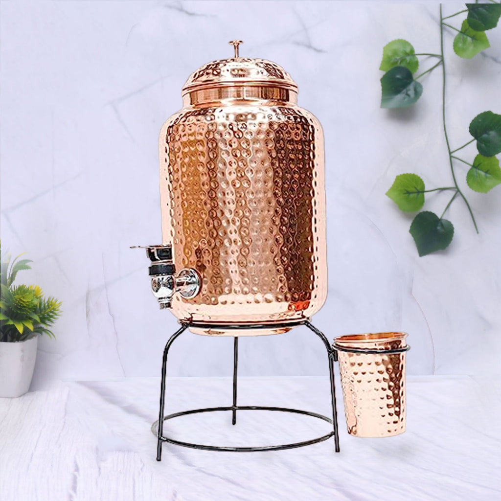 Pure Copper Hammered Water Dispenser (Matka) Combo – 5 Liters, with Stand & Glass, Ayurvedic Tamra Jal-2