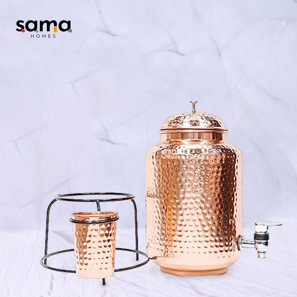 Pure Copper Hammered Water Dispenser (Matka) Combo – 5 Liters, with Stand & Glass, Ayurvedic Tamra Jal-1